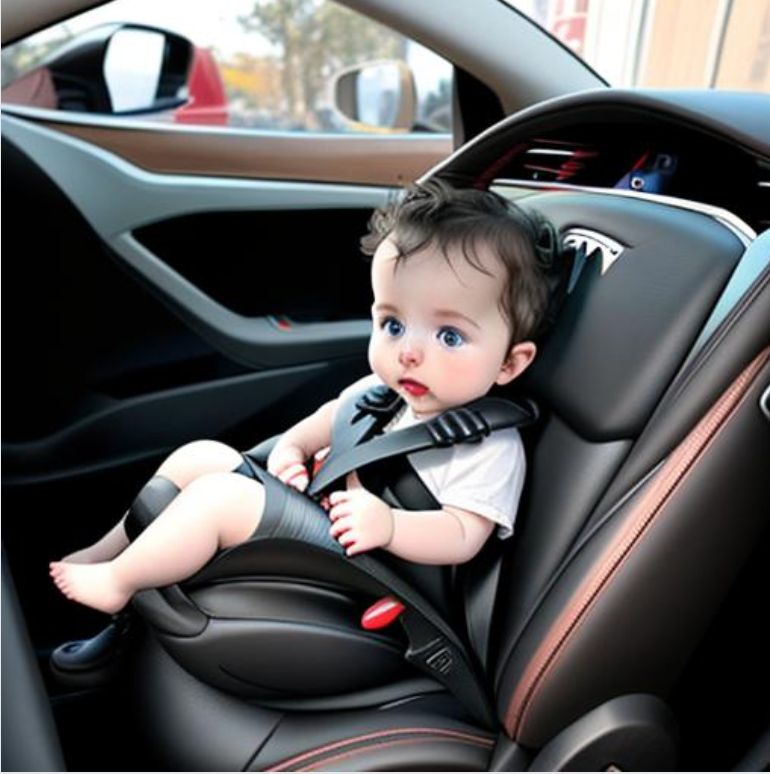 Baby in a car seat in a Tesla car 2023. Fire safety risk